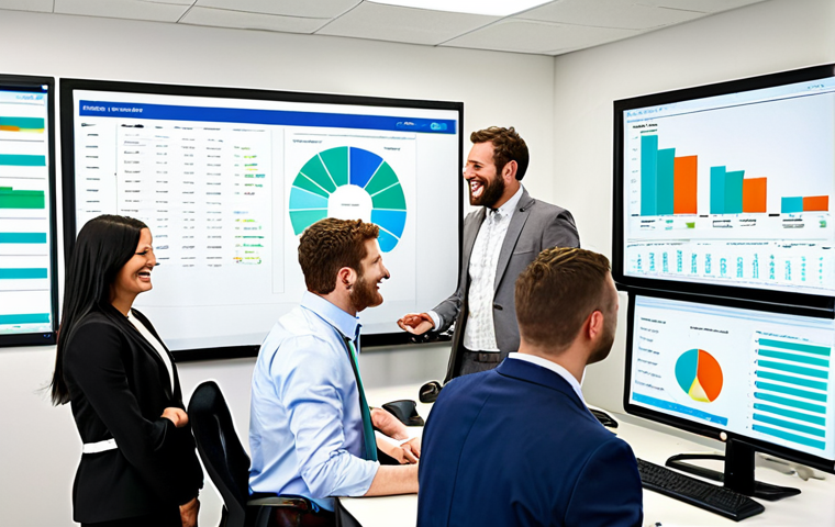 **
Prompt: A vibrant, modern office scene. Focus on a sales team collaborating using a CRM dashboard displayed on large monitors. Emphasize data visualization, teamwork, and a sense of increased productivity. People are smiling, looking engaged, and wearing business-casual attire. A whiteboard in the background showcases a sales funnel. Color palette: blues, greens, and whites, conveying trust and efficiency.
**