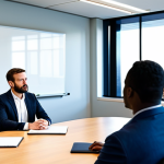 A diverse group of professional business individuals, fully clothed in appropriate, modest business attire, gathered around a large table in a sunlit, modern office meeting room. They are engaged in an open, collaborative discussion, sharing ideas and insights. One team member is gesturing towards a whiteboard, while another listens attentively, demonstrating active mentorship and knowledge sharing. The atmosphere is professional and supportive, emphasizing teamwork and transparency. Perfect anatomy, correct proportions, natural poses, well-formed hands, proper finger count, natural body proportions. Safe for work, appropriate content, family-friendly, high-quality professional photography.