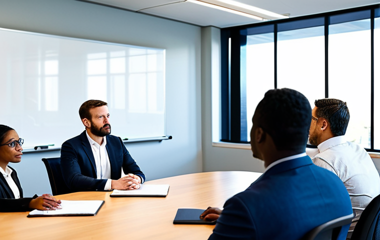 A diverse group of professional business individuals, fully clothed in appropriate, modest business attire, gathered around a large table in a sunlit, modern office meeting room. They are engaged in an open, collaborative discussion, sharing ideas and insights. One team member is gesturing towards a whiteboard, while another listens attentively, demonstrating active mentorship and knowledge sharing. The atmosphere is professional and supportive, emphasizing teamwork and transparency. Perfect anatomy, correct proportions, natural poses, well-formed hands, proper finger count, natural body proportions. Safe for work, appropriate content, family-friendly, high-quality professional photography.