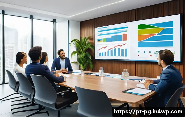 BB 세일즈 프로세스 개선을 위한 효과적인 프레젠테이션 기술 - A modern corporate meeting room scene with a diverse group of Brazilian business professionals engag...