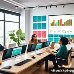 Home 20 BB 세일즈 프로세스 개선을 위한 핀터레스트 활용법 - A professional B2B marketing team in a modern Brazilian office, collaborating around a large screen ...