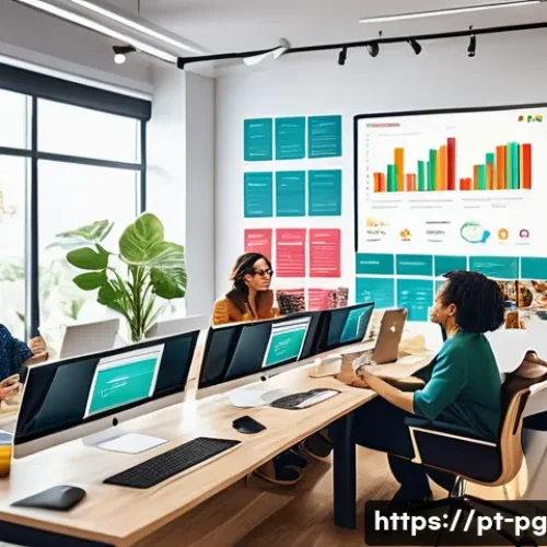 Home 32 BB 세일즈 프로세스 개선을 위한 핀터레스트 활용법 - A professional B2B marketing team in a modern Brazilian office, collaborating around a large screen ...
