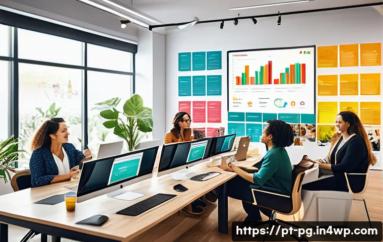 BB 세일즈 프로세스 개선을 위한 핀터레스트 활용법 - A professional B2B marketing team in a modern Brazilian office, collaborating around a large screen ...