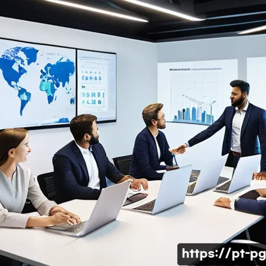 BB 세일즈 프로세스 개선을 위한 문제 해결 워크숍 - A modern corporate office scene showing a diverse sales team gathered around a large digital screen ...