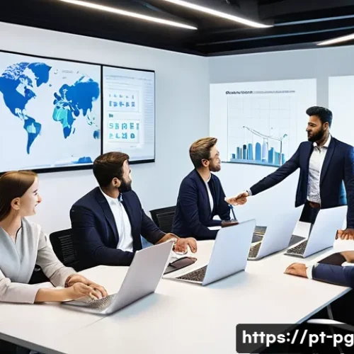 Home 31 BB 세일즈 프로세스 개선을 위한 문제 해결 워크숍 - A modern corporate office scene showing a diverse sales team gathered around a large digital screen ...