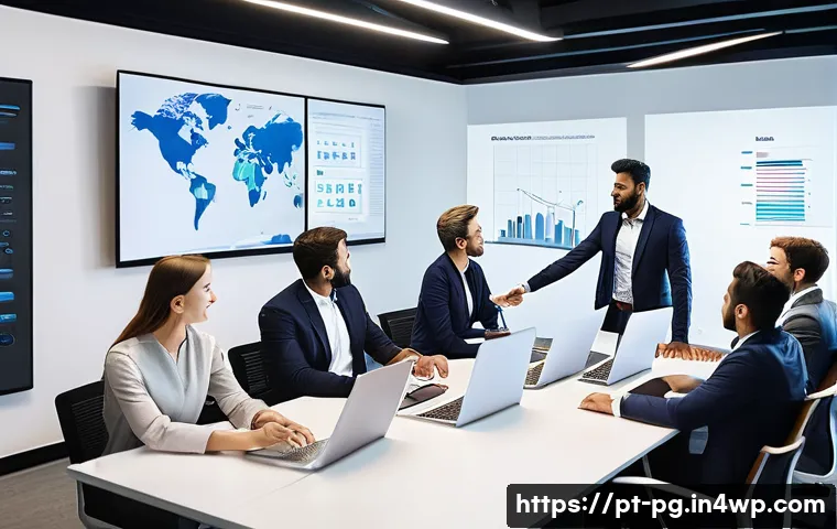 BB 세일즈 프로세스 개선을 위한 문제 해결 워크숍 - A modern corporate office scene showing a diverse sales team gathered around a large digital screen ...