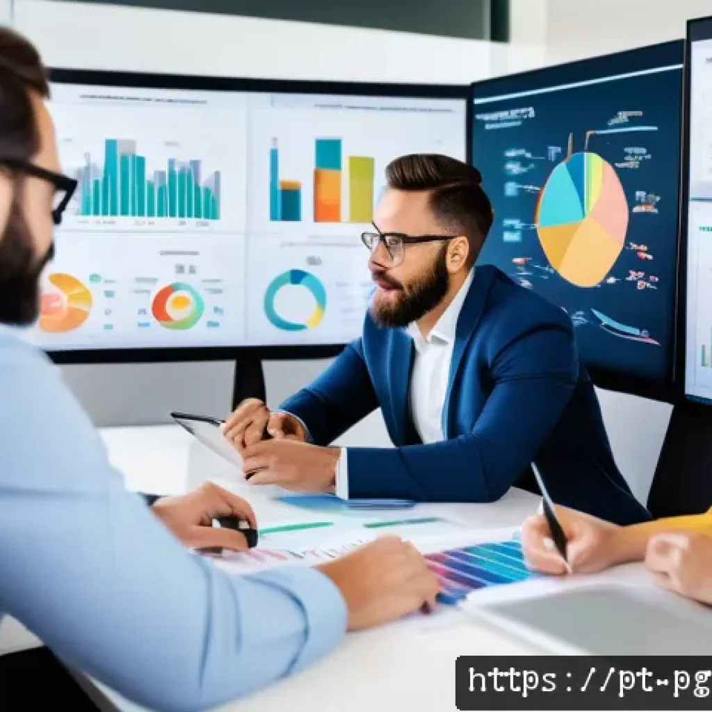 BB 세일즈 프로세스 개선을 위한 데이터 기반 의사결정 - A modern B2B sales office scene showing a diverse team of professionals collaborating around a large...