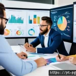 Home 18 BB 세일즈 프로세스 개선을 위한 데이터 기반 의사결정 - A modern B2B sales office scene showing a diverse team of professionals collaborating around a large...