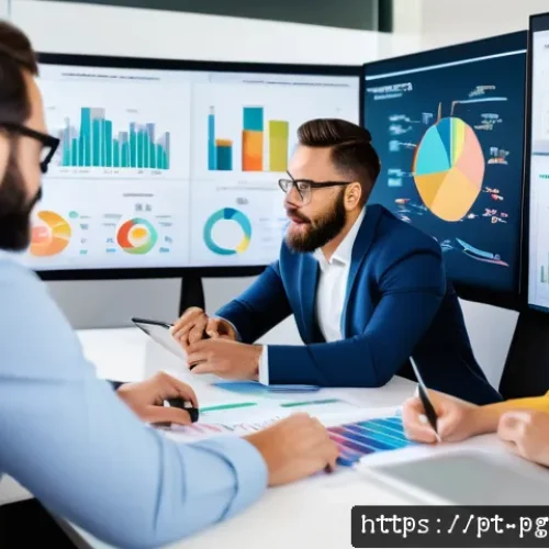 Home 30 BB 세일즈 프로세스 개선을 위한 데이터 기반 의사결정 - A modern B2B sales office scene showing a diverse team of professionals collaborating around a large...