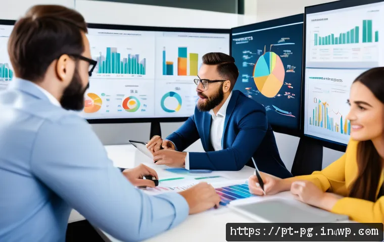 BB 세일즈 프로세스 개선을 위한 데이터 기반 의사결정 - A modern B2B sales office scene showing a diverse team of professionals collaborating around a large...